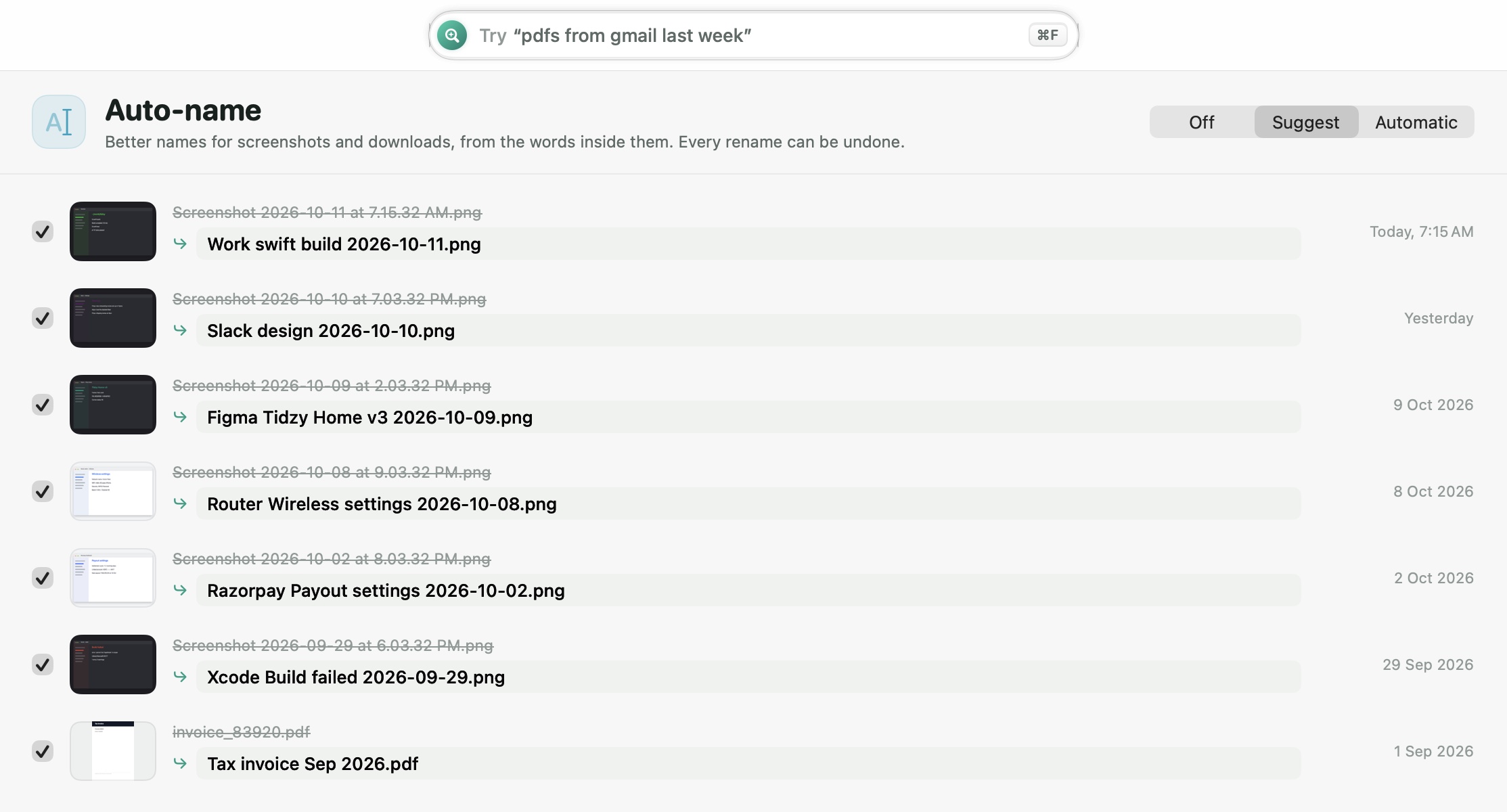 Tidzy Auto-name screen listing screenshots with suggested names