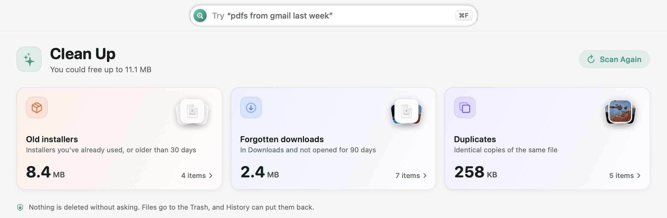 Tidzy Clean Up screen showing old installers, forgotten downloads and duplicates with the space each frees