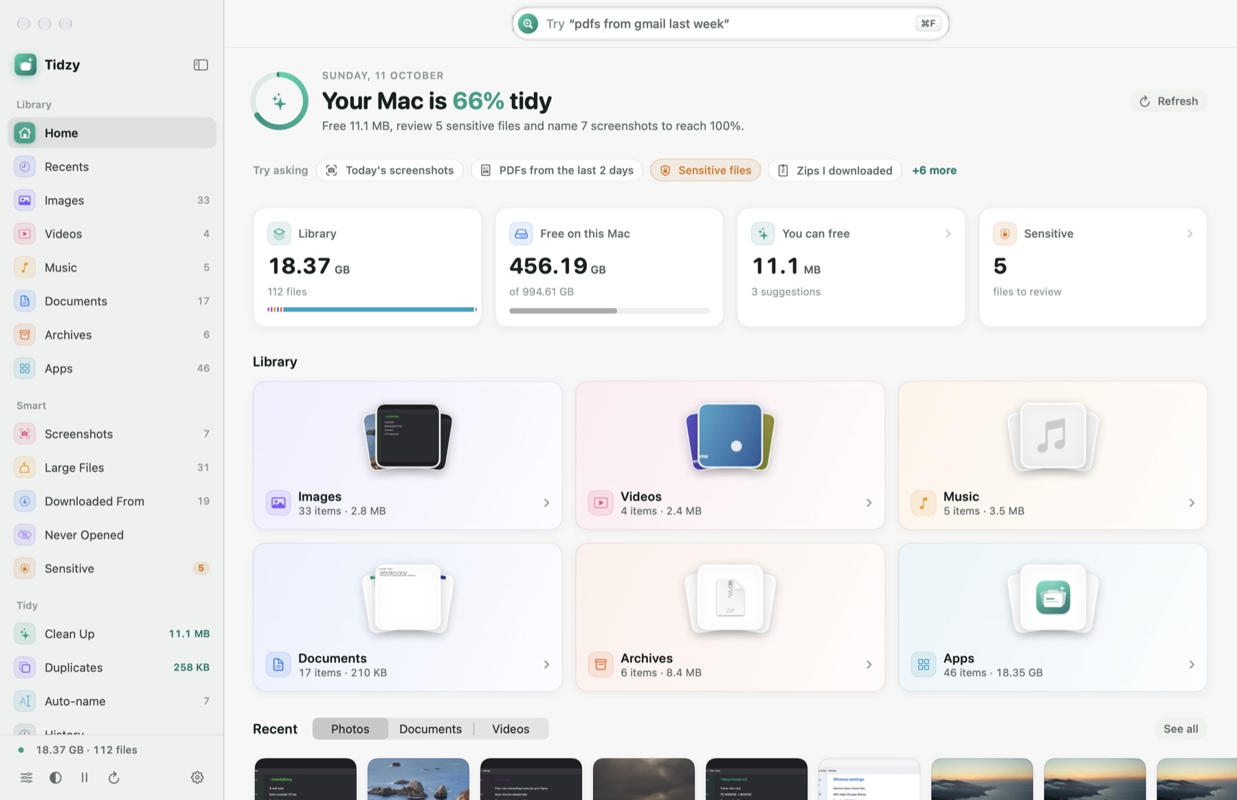 Tidzy home screen showing a tidy score, storage overview and library